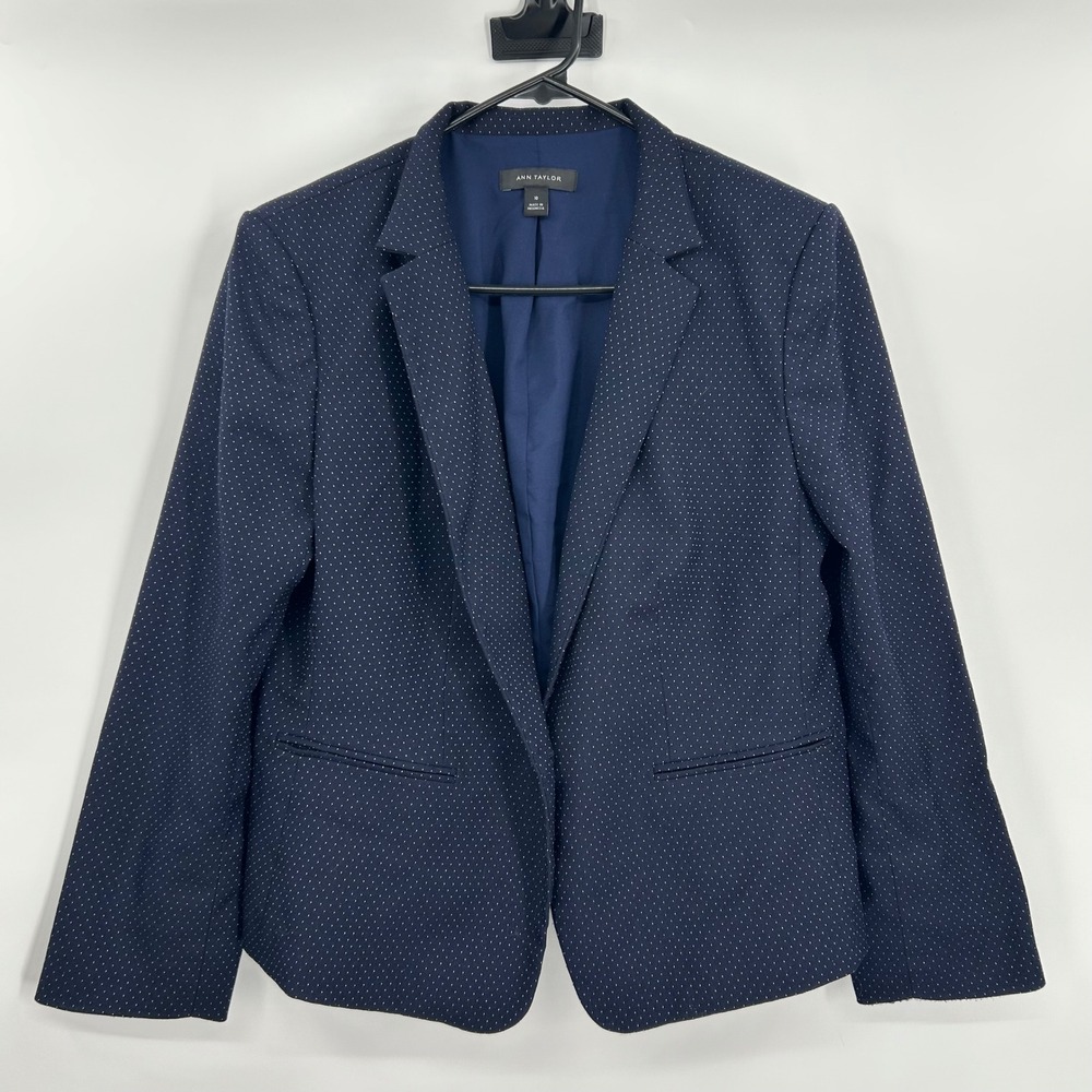 Ann Taylor Navy Blue Pin Dot One Button Blazer Jacket Womens Size 10 Office Wear